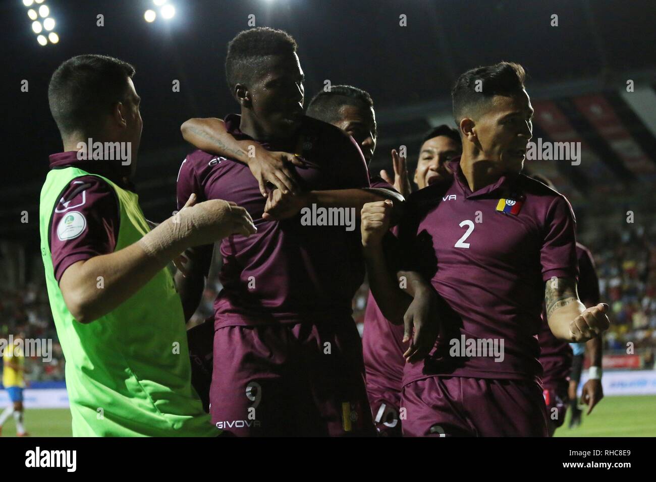 Rancagua Chile 02nd Feb 19 Jan Carlos Hurtado 2l Of Venezuela Celebrates With Teammates After Scoring During A Soccer Match Of South American Championship U 19 Between Venezuela And Brazil In El