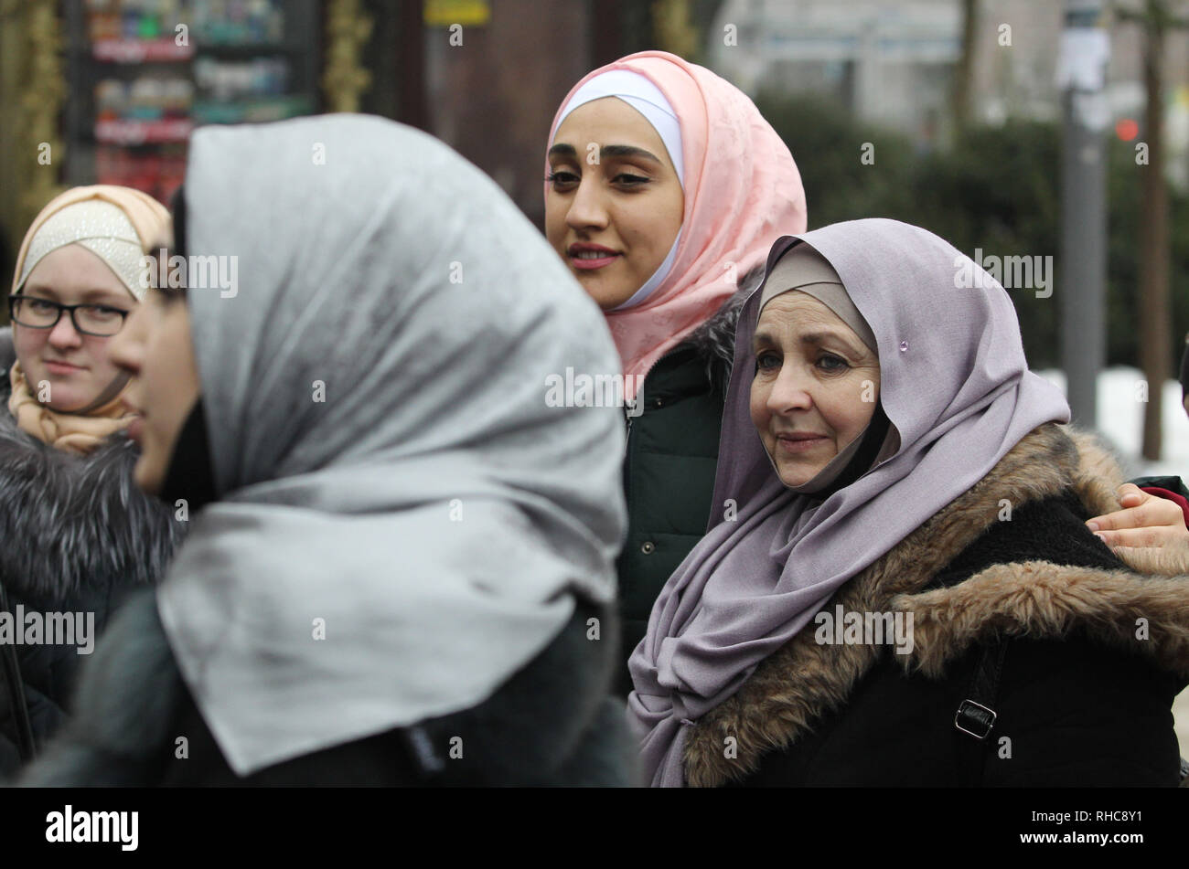 Kiev, Ukraine. 01st Feb, 2019. Ukrainian Muslim women seen wearing hijabs during the World Hijab Day in the center of Kiev, Ukraine.  World Hijab Day is a global event that encourages women to wear Hijab, in recognition of millions of Muslim women who choose to wear the hijab. The World Hijab Day was founded by Nazma Khan and the very first was celebrated in 2013, and now celebrated around the world. Credit: SOPA Images Limited/Alamy Live News Stock Photo