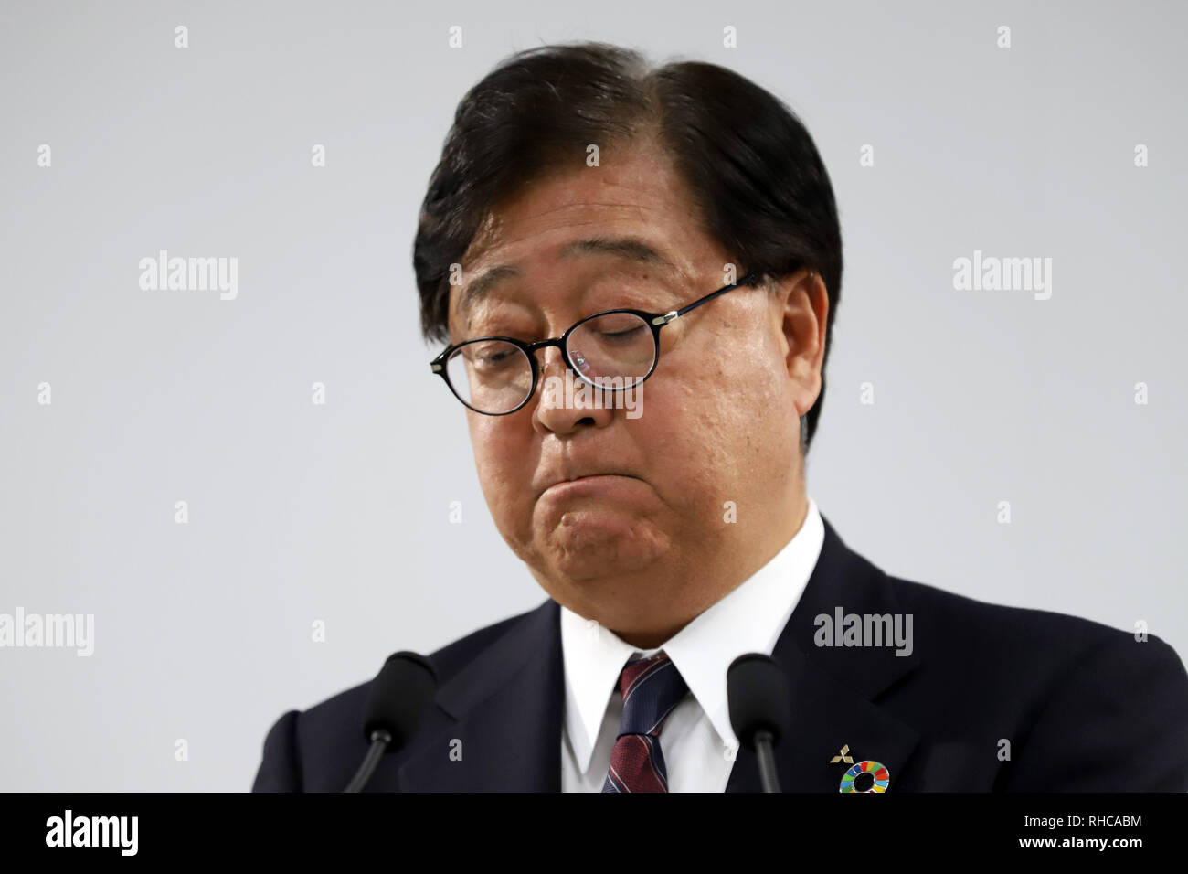 Tokyo, Japan. 1st Feb, 2019. Japan's automaker Mitsubishi Motors chairman and CEO Osamu Masuko announces the company's third-quarter financial result ended December 31 at the Mitsubishi Motors headquarters in Tokyo on Friday, February1, 2019. Masuko joined a video conference with Nissan Motor president Hiroto Saikawa and Renault SA chairman Jean-Dominique Senard to maintain their alliance on January 31 after former boss Carlos Ghosn was arrested by Japanese prosecutors over alleged financial misconduct. Credit: Yoshio Tsunoda/AFLO/Alamy Live News Stock Photo
