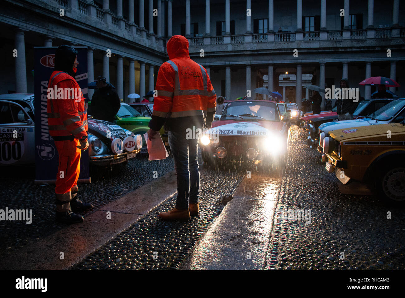 Milan, Italy. 01st Feb, 2019. Classic Cars line up for the Rallye Monte-Carlo Historique 2019 race starting in Milan for the first time since 1932. Credit: Alessandro Bremec/Alamy Live News Stock Photo
