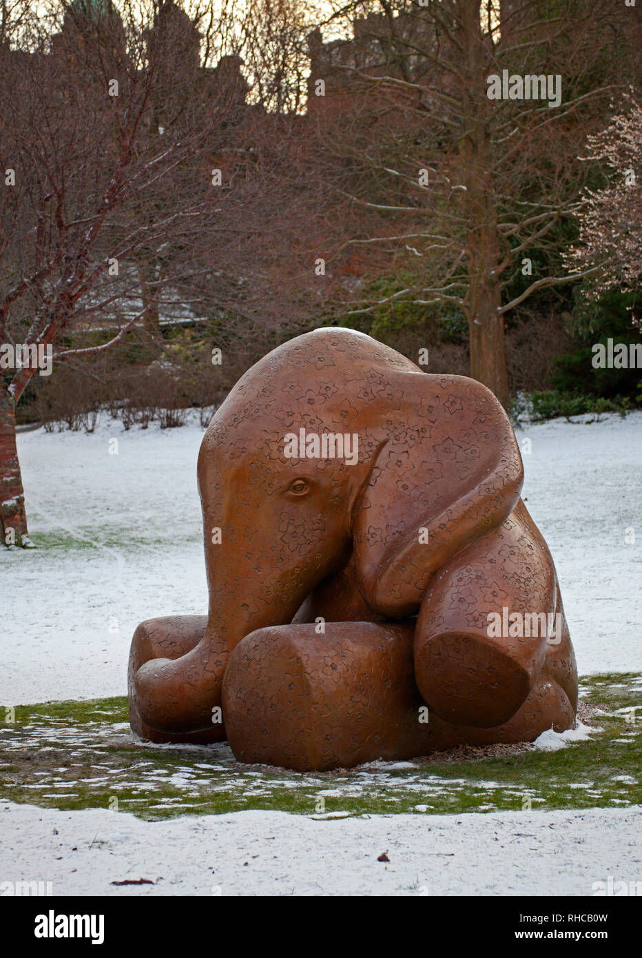 Edinburgh, Scotland, UK. 2nd Feb, 2019. A Memorial in the shape of a two and a half tonne baby elephant was unveiled in Edinburgh's Princes Street Gardens West, this comes more than six years after it was discovered that babies ashes had been dumped in an unmarked grave at Mortonhall Cemetery, the memorial is a way to remember the hundreds of babies in future years. Designed and created by Sculptor Andy Scott. Mr Scott gave the baby elephant the working title “Lulla-Bye” Stock Photo