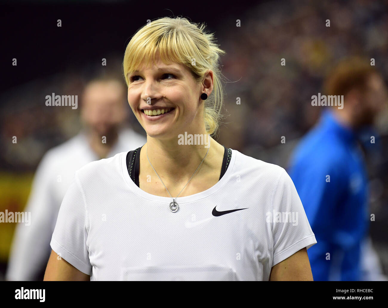 Berlin, Germany. 01st Feb, 2019. ISTAF Indoor, discus throwing, mixed, in the Mercedes-Benz Arena: Nadine Müller (Germany) laughs. Credit: Soeren Stache/dpa/Alamy Live News Stock Photo