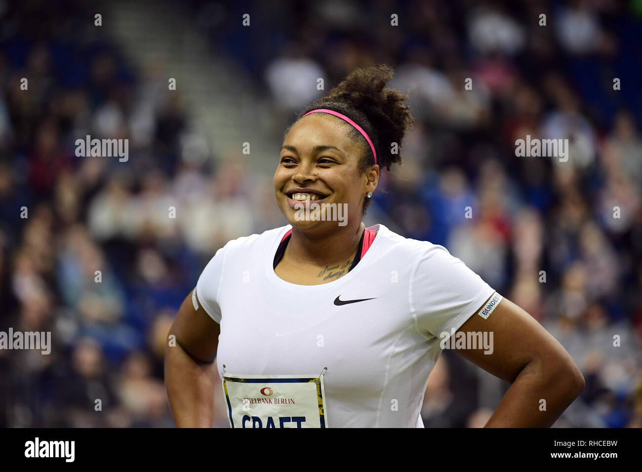 Berlin, Germany. 01st Feb, 2019. ISTAF indoor, discus throwing, mixed, in the Mercedes-Benz Arena: Shanice Craft (Germany) laughs. Credit: Soeren Stache/dpa/Alamy Live News Stock Photo