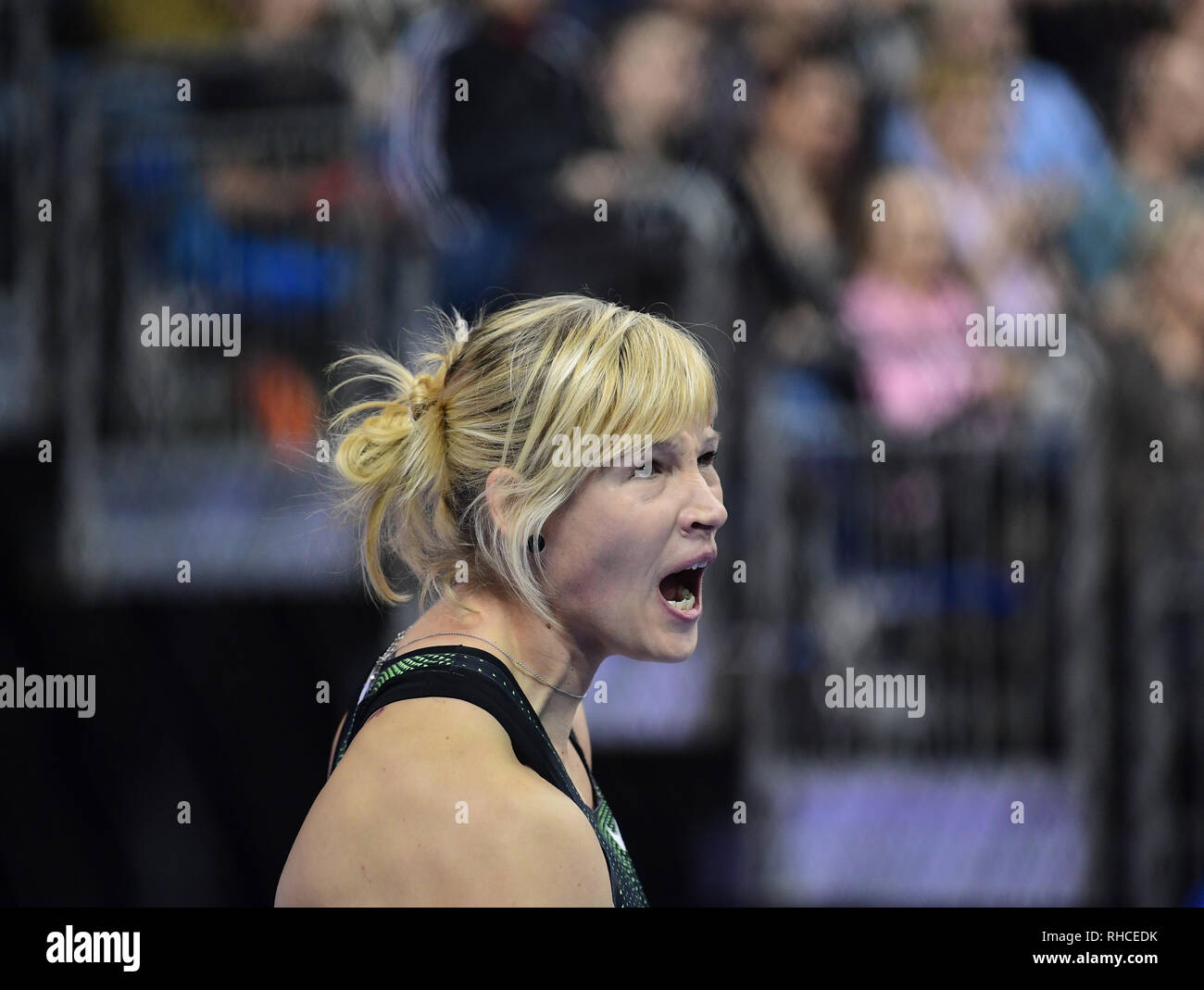 Berlin, Germany. 01st Feb, 2019. ISTAF Indoor, discus throwing, mixed, in the Mercedes-Benz Arena: Nadine Müller (Germany) screams. Credit: Soeren Stache/dpa/Alamy Live News Stock Photo
