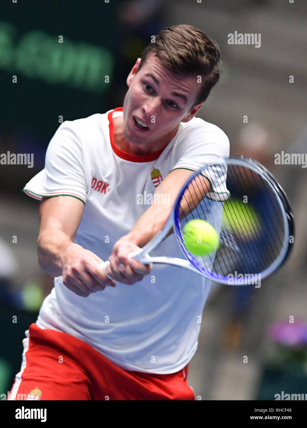 Frankfurt, Germany. 02 February 2019, Hessen, Frankfurt/Main: Tennis: Davis  Cup, qualification round Germany - Hungary in the Fraport Arena. Hungary's  David Szintai beats the ball in the singles against the German  Kohlschreiber.