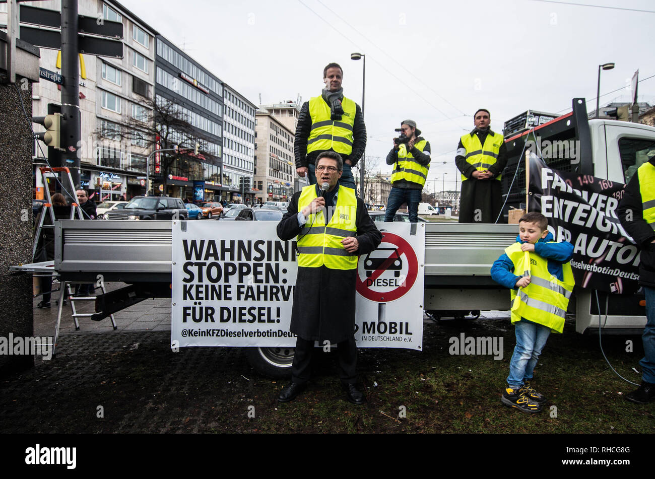 Munich, Bavaria, Germany. 2nd Feb, 2019. Wolfgang Wiehle of the far right Alternative for Germany AfD party supported the group and was also a speaker. Responding to the prospect of diesel auto bans in major cities in Germany, protestors assembled at an air quality monitoring station in Munich's city center. The event was organized by the Mobil in Deutschland automobile club and is the first protest against the diesel ban in Munich- the home of BMW. Numerous well-known right-extremists and far-right political figures were in attendance and participated, including numerous members of t Credit: Stock Photo