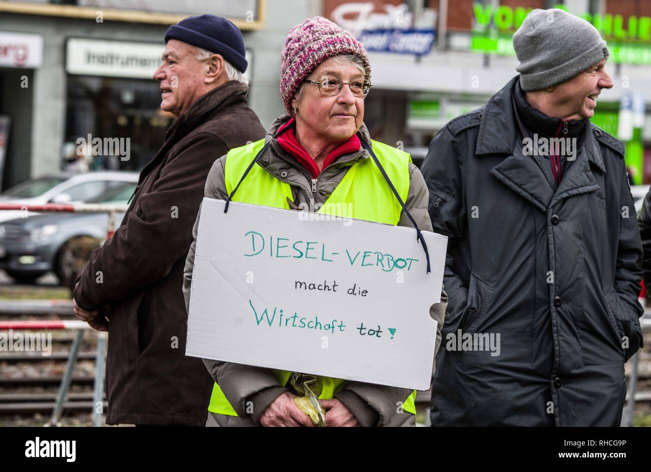 Munich, Bavaria, Germany. 2nd Feb, 2019. ''Diesel bans kills the economy''. Responding to the prospect of diesel auto bans in major cities in Germany, protestors assembled at an air quality monitoring station in Munich's city center.  Stock Photo