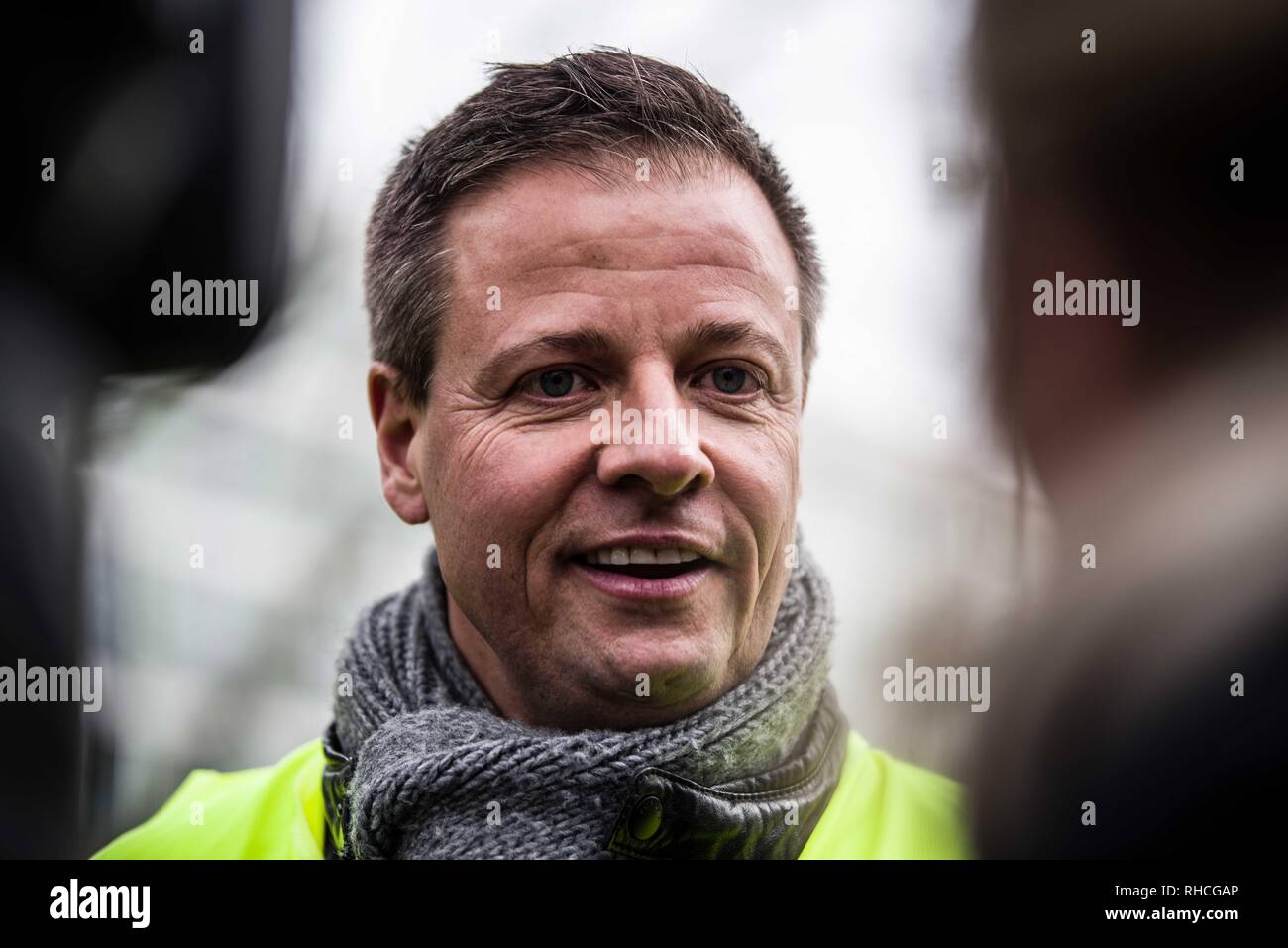 Munich, Bavaria, Germany. 2nd Feb, 2019. Michael Haberland of the Mobil De firm that organized the demonstration. Responding to the prospect of diesel auto bans in major cities in Germany, protestors assembled at an air quality monitoring station in Munich's city center. Credit: ZUMA Press, Inc./Alamy Live News Stock Photo