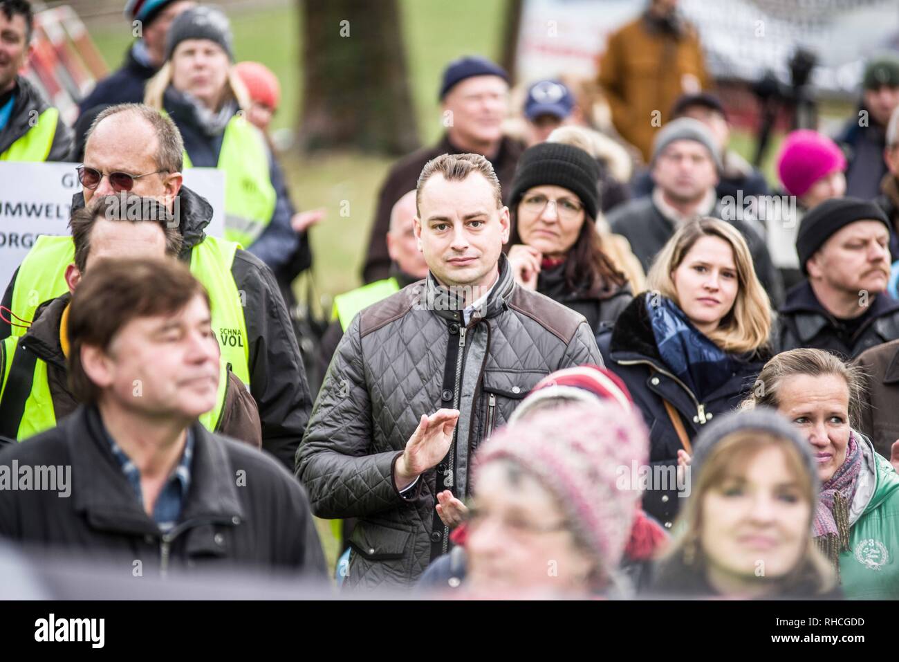 Munich, Bavaria, Germany. 2nd Feb, 2019. Benjamin Nolte of the far-right Alternative for Germany AfD party. Responding to the prospect of diesel auto bans in major cities in Germany, protestors assembled at an air quality monitoring station in Munich's city center. The event was organized by the Mobil in Deutschland automobile club and is the first protest against the diesel ban in Munich- the home of BMW. Numerous well-known right-extremists and far-right political figures were in attendance and participated, including numerous members of the right-extremist Pegida Munich. Marvin G. Credit: Z Stock Photo