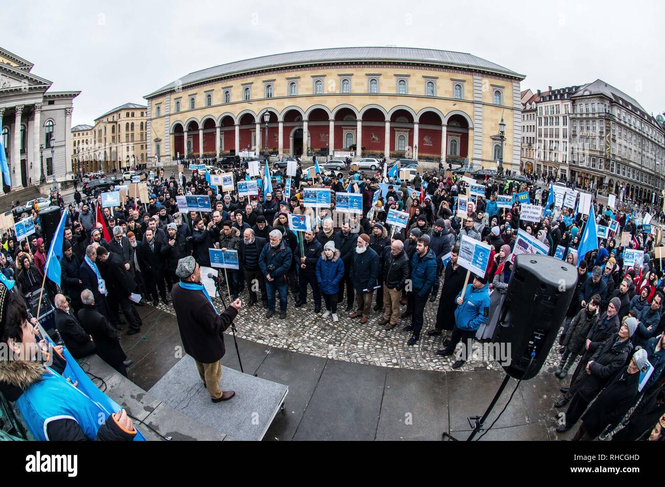 Munich, Bavaria, Germany. 2nd Feb, 2019. to protest against the so-called "Muslim Crackdown"" by the Chinese Communist Party in the Xinjiang Autonomous Region of China. The region is contains roughly 26 million people, 11 million of whom are the ethnically Turkic Uyghurs who still call the region East Turkistan . The CCP has placed upwards of 1 million Uyghurs in reeducation camps, as well as performing widespread surveillance of the non-Han residents. There are many reports of psychological and physic Credit: ZUM Credit: ZUMA Press, Inc./Alamy Live News Stock Photo