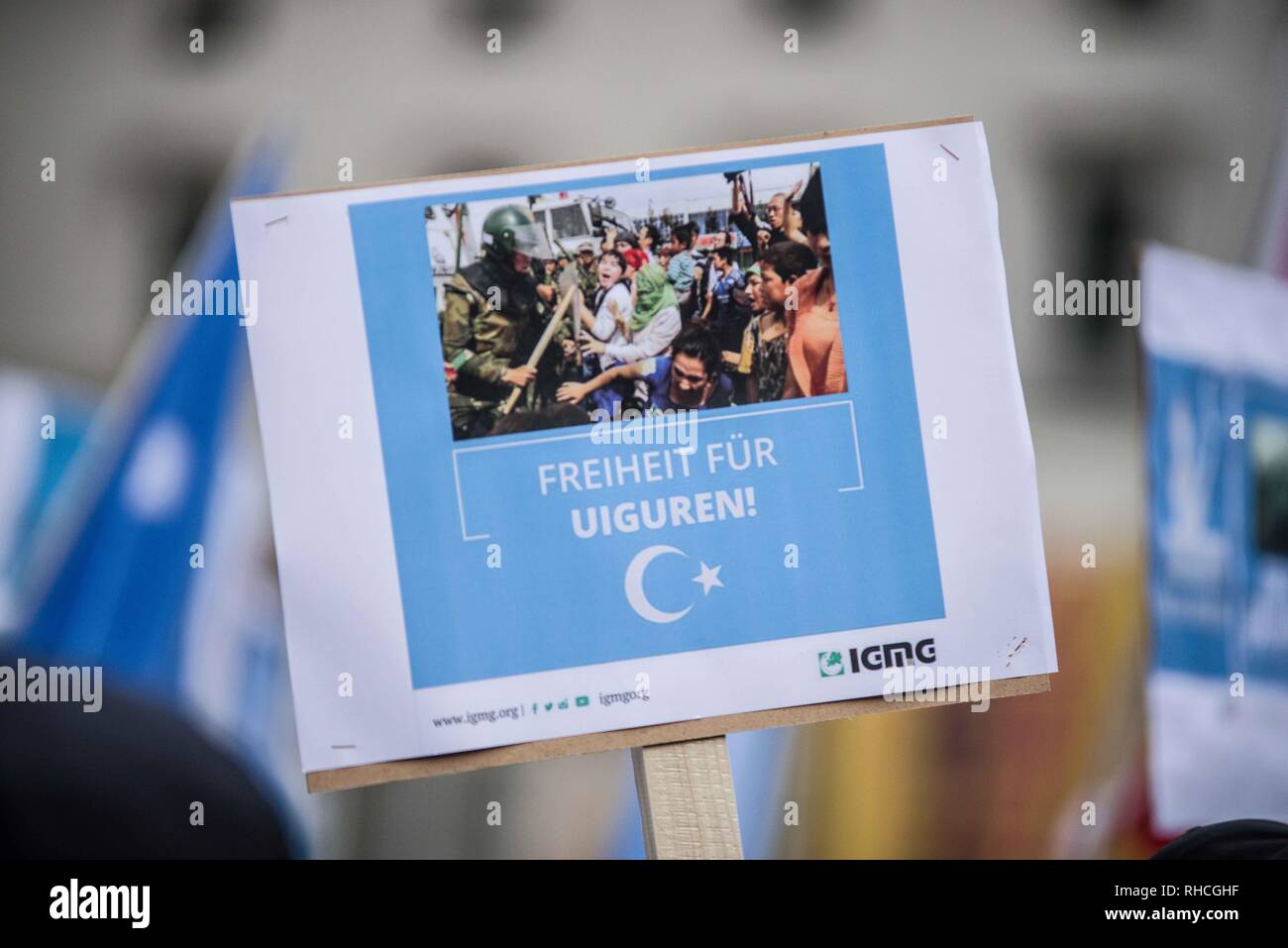 Munich, Bavaria, Germany. 2nd Feb, 2019. ''Freedom for the Uyghurs''. to protest against the so-called 'Muslim Crackdown'' by the Chinese Communist Party in the Xinjiang Autonomous Region of China. The region is contains roughly 26 million people, 11 million of whom are the ethnically Turkic Uyghurs who still call the region East Turkistan . The CCP has placed upwards of 1 million Uyghurs in reeducation camps, as well as performing widespread surveillance of the non-Han residents. There are many repor Credit: ZUMA Credit: ZUMA Press, Inc./Alamy Live News Stock Photo