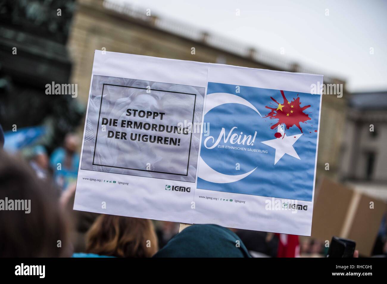 Munich, Bavaria, Germany. 2nd Feb, 2019. ''Stop the genocide of the Uyghurs''. to protest against the so-called 'Muslim Crackdown'' by the Chinese Communist Party in the Xinjiang Autonomous Region of China. The region is contains roughly 26 million people, 11 million of whom are the ethnically Turkic Uyghurs who still call the region East Turkistan . The CCP has placed upwards of 1 million Uyghurs in reeducation camps, as well as performing widespread surveillance of the non-Han residents. There are ma Credit: ZUM Credit: ZUMA Press, Inc./Alamy Live News Stock Photo