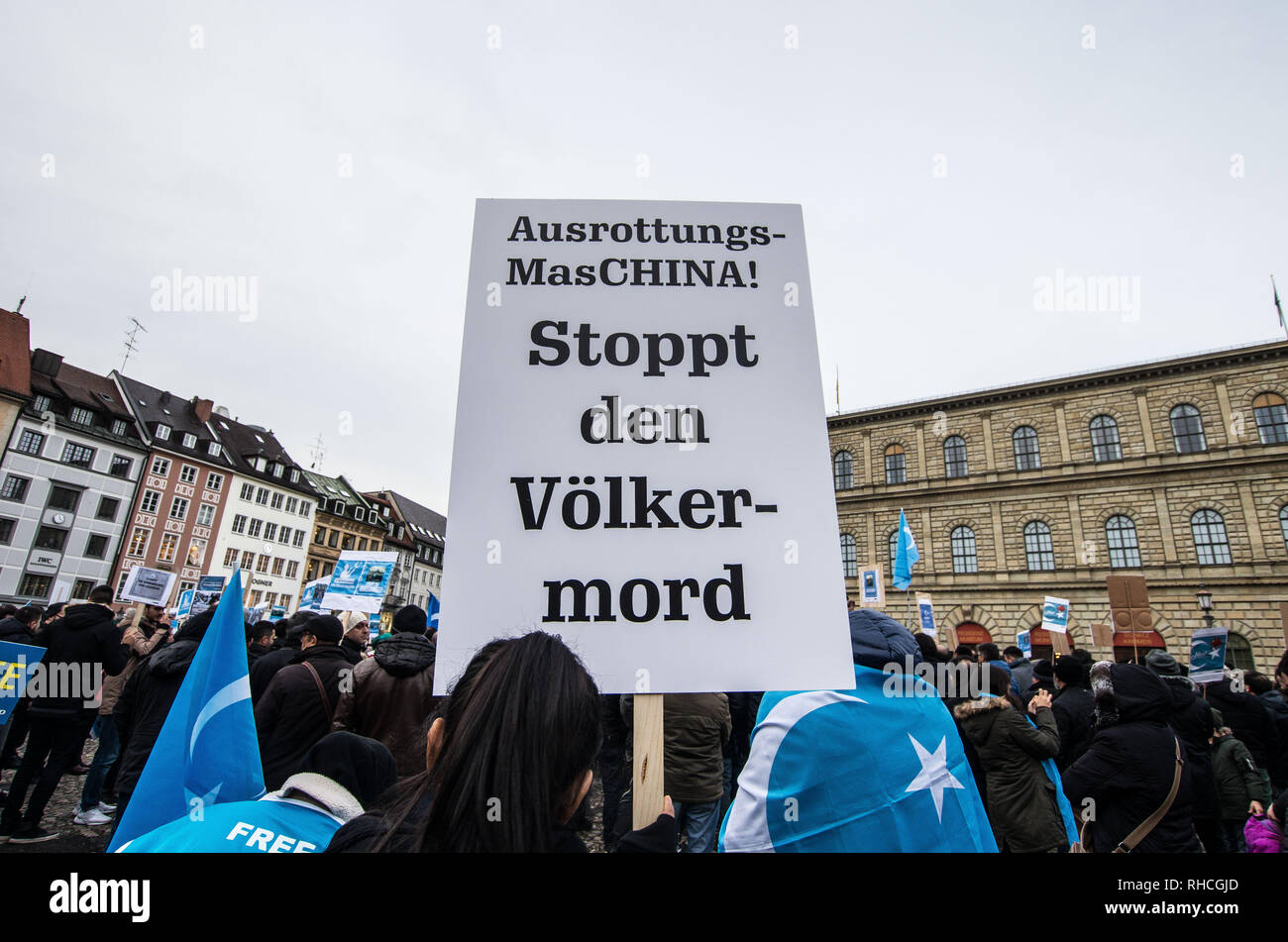 Munich, Bavaria, Germany. 2nd Feb, 2019. ''Stop the genocide''. to protest against the so-called 'Muslim Crackdown'' by the Chinese Communist Party in the Xinjiang Autonomous Region of China. The region is contains roughly 26 million people, 11 million of whom are the ethnically Turkic Uyghurs who still call the region East Turkistan . The CCP has placed upwards of 1 million Uyghurs in reeducation camps, as well as performing widespread surveillance of the non-Han residents. There are many reports of p Credit: ZUM Credit: ZUMA Press, Inc./Alamy Live News Stock Photo