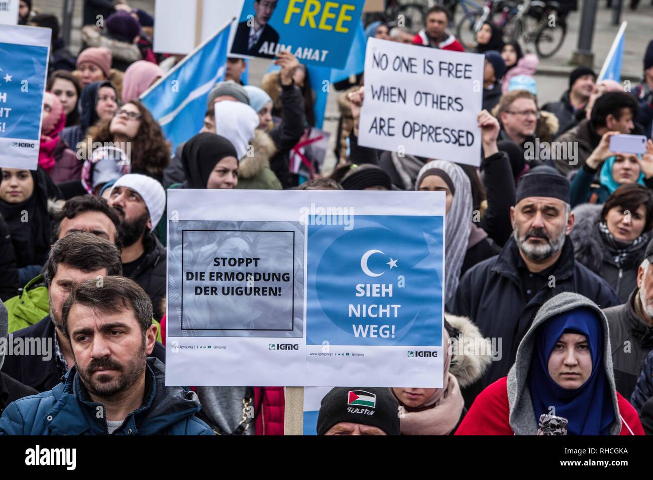 Munich, Bavaria, Germany. 2nd Feb, 2019. ''Stop the murder of Uyghurs.don't look away''. to protest against the so-called 'Muslim Crackdown'' by the Chinese Communist Party in the Xinjiang Autonomous Region of China. The region is contains roughly 26 million people, 11 million of whom are the ethnically Turkic Uyghurs who still call the region East Turkistan . The CCP has placed upwards of 1 million Uyghurs in reeducation camps, as well as performing widespread surveillance of the non-Han residents. Credit: ZUMA P Credit: ZUMA Press, Inc./Alamy Live News Stock Photo