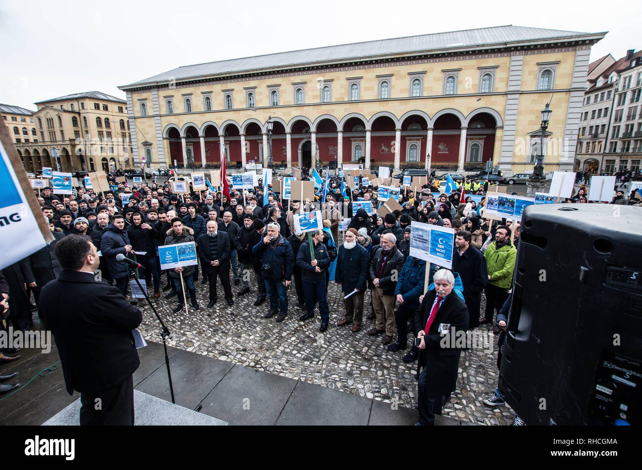 Munich, Bavaria, Germany. 2nd Feb, 2019. to protest against the so-called 'Muslim Crackdown'' by the Chinese Communist Party in the Xinjiang Autonomous Region of China. The region is contains roughly 26 million people, 11 million of whom are the ethnically Turkic Uyghurs who still call the region East Turkistan . The CCP has placed upwards of 1 million Uyghurs in reeducation camps, as well as performing widespread surveillance of the non-Han residents. There are many reports of psychological and physic Credit: ZUM Credit: ZUMA Press, Inc./Alamy Live News Stock Photo