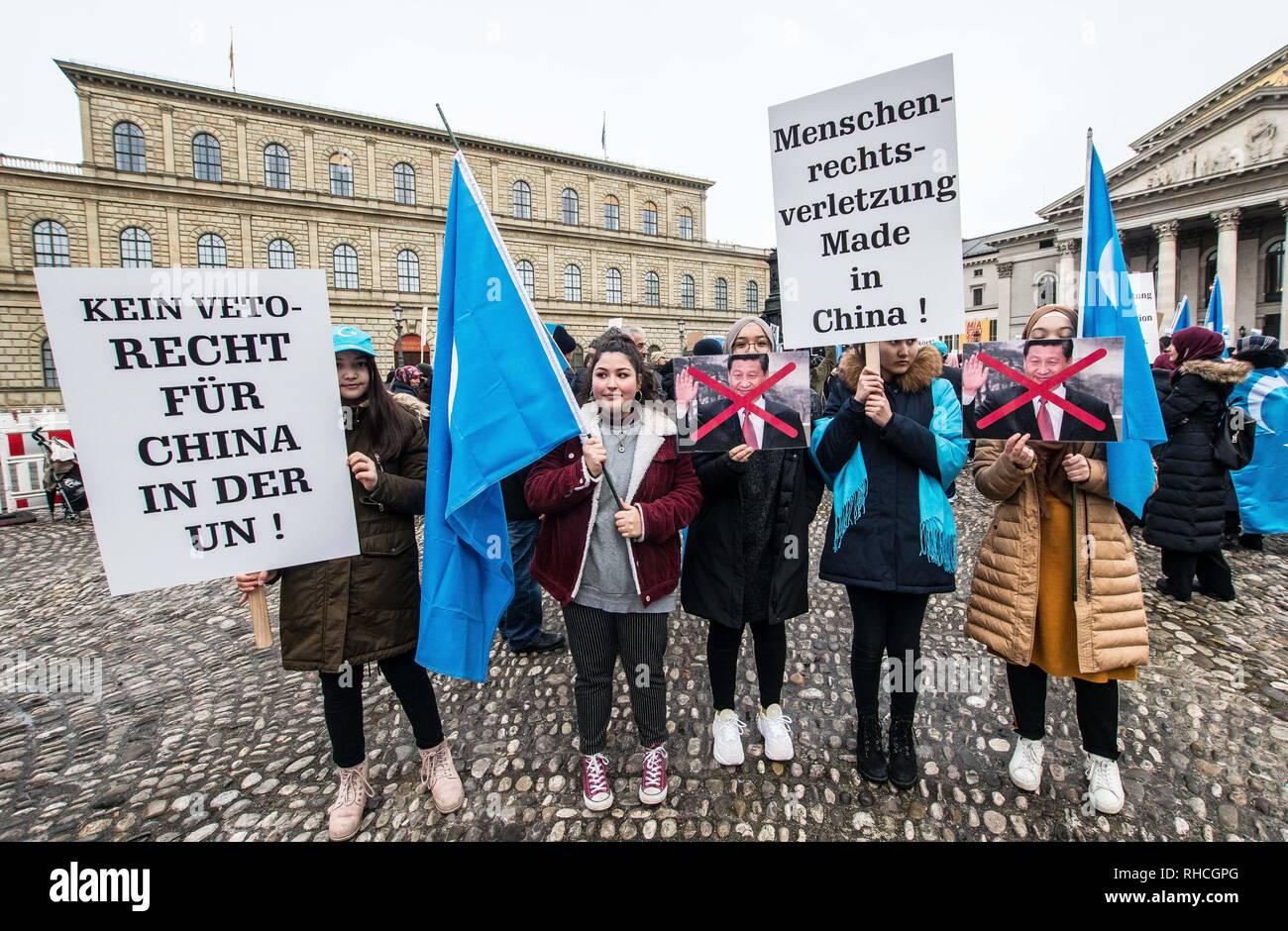 Munich, Bavaria, Germany. 2nd Feb, 2019. ''No veto rights for China in the United Nations.Human rights violations Made in China'', along with crossed out photos of President Xi Jinping of China. to protest against the so-called 'Muslim Crackdown'' by the Chinese Communist Party in the Xinjiang Autonomous Region of China. The region is contains roughly 26 million people, 11 million of whom are the ethnically Turkic Uyghurs who still call the region East Turkistan . The CCP has placed upwards of 1 milli Credit: ZUMA Credit: ZUMA Press, Inc./Alamy Live News Stock Photo