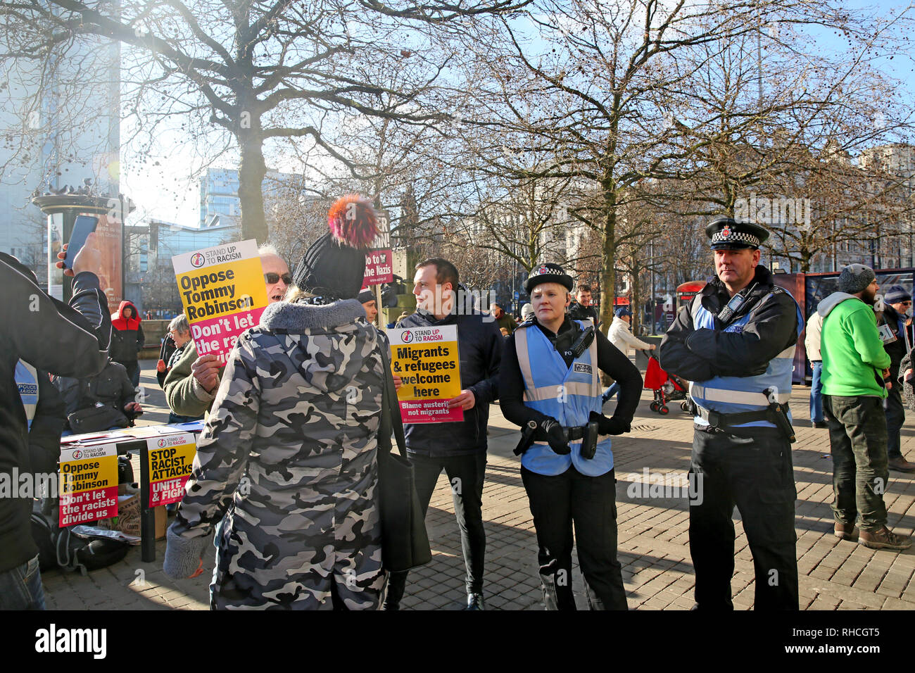 Manchester, UK. 2nd February 2019. Stand up to racism campaigners face hostility from right wing protesters.  The anti racists called for solidarity at the 'reclaim out city event' but faced abuse from members of the right wing 'yellow vest' UK movement with police having to prevent a breach of the peace, Piccadilly Gardens,  Manchester, UK, 2nd February 2019 (C)Barbara Cook/Alamy Live News Credit: Barbara Cook/Alamy Live News Stock Photo