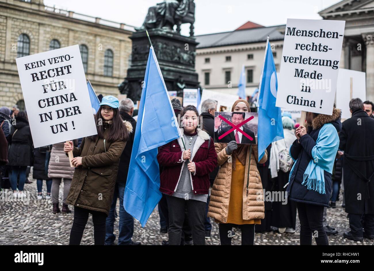 Munich, Bavaria, Germany. 2nd Feb, 2019. Over 400 primarily Turkish demonstrators assembled at Munich's Max Joseph Platz to protest against the so-called 'Muslim Crackdown' by the Chinese Communist Party in the Xinjiang Autonomous Region of China. The region is contains roughly 26 million people, 11 million of whom are the ethnically Turkic Uyghurs who still call the region East Turkistan. The CCP has placed upwards of 1 million Uyghurs in reeducation camps, as well as performing widespread surveillance of the non-Han residents. Credit: Sachelle Babbar/ZUMA Wire/Alamy Live News Credit: ZUMA P Stock Photo