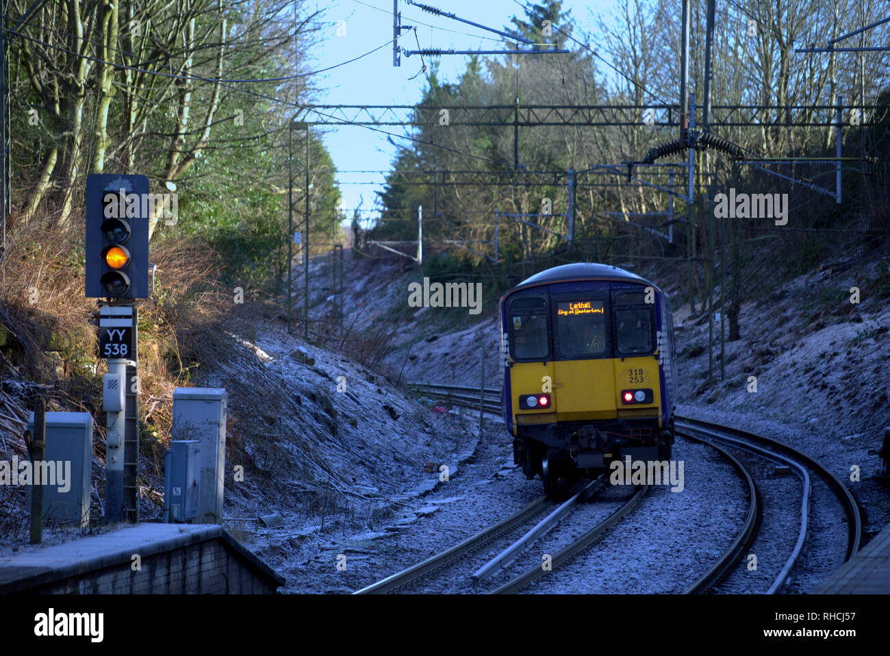 Glasgow, Scotland, UK, 2nd, February, 2019. UK Weather: Freezing temperatures overnight and a yellow warning for ice The weather added to scotrails recent woes due to the low temperatures. Credit Gerard Ferry/Alamy Live News Stock Photo