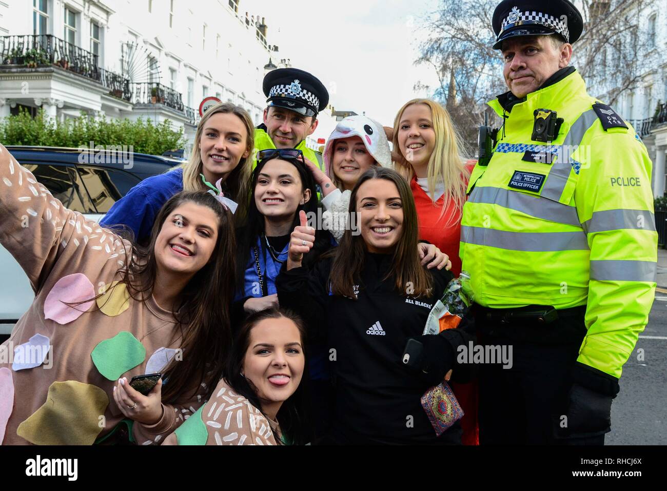 London,UK. 2nd Feb 2019. New Zealanders celebrate New Zealand Day on a pub crawl in South Kensington,West London. Waitangi Day is the national of New Zealand, and commemorates the signing,
