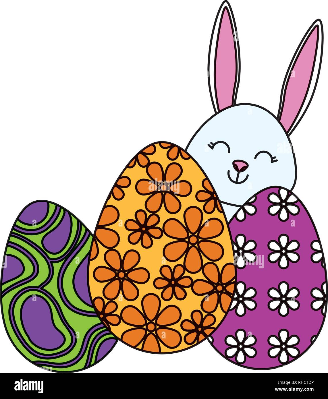 Cute Rabbit With Easter Eggs Painted Stock Vector Art