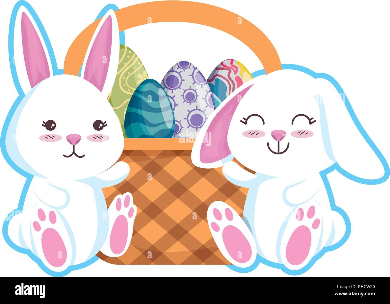 cute rabbits couple with easter egg painted in basket Stock Vector ...