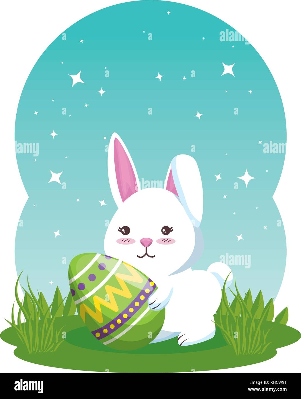 Cute Rabbit With Easter Egg Painted In The Meadow Stock Vector Art