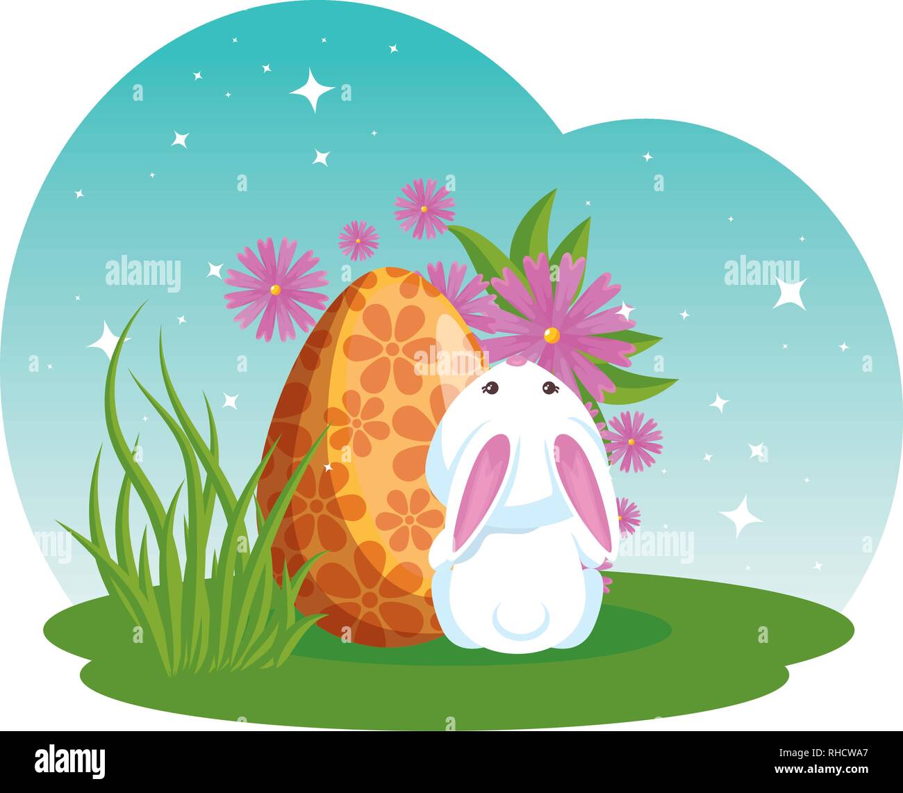 Cute Rabbit With Easter Egg Painted In The Garden Stock Vector Art