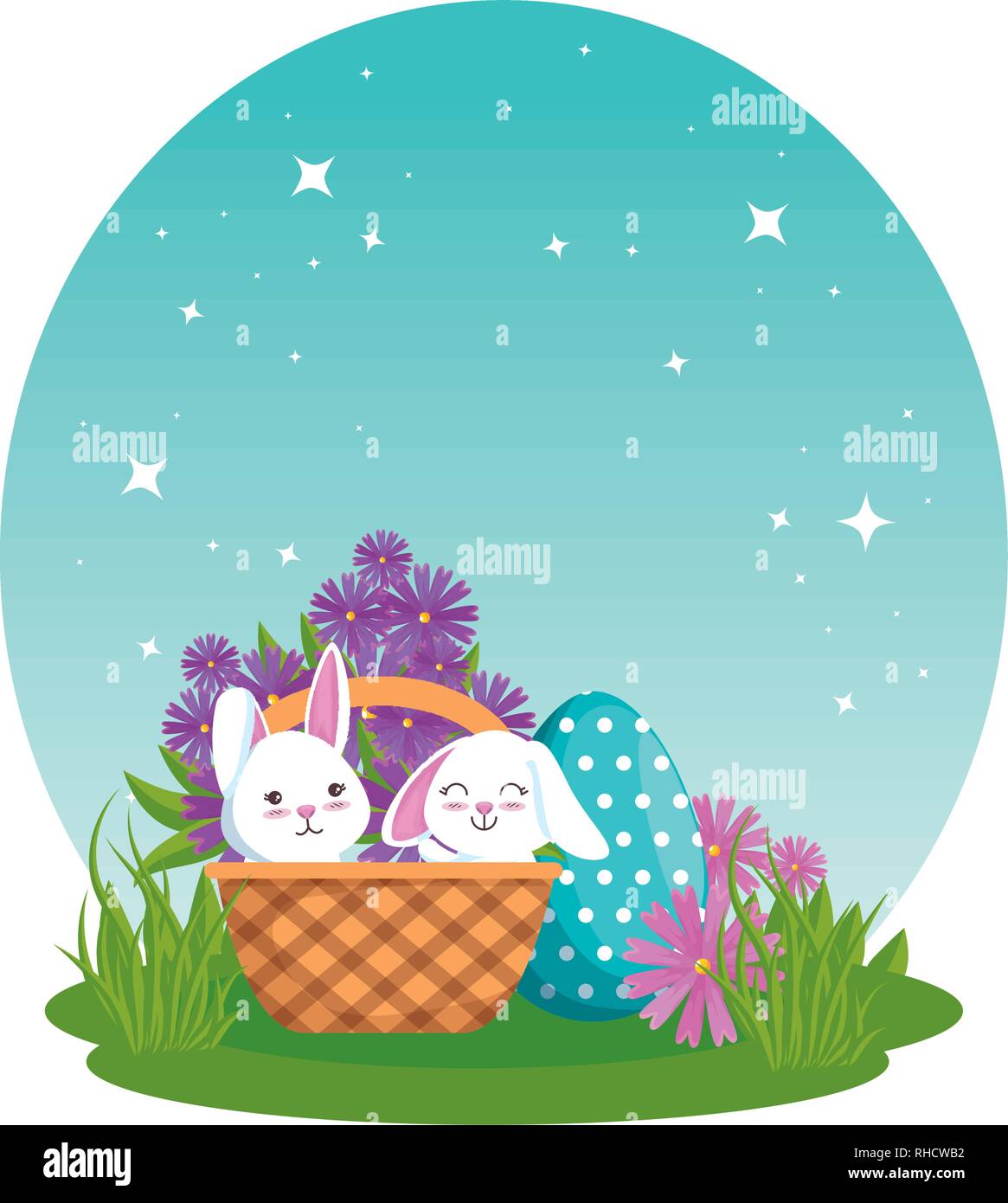 cute rabbits couple with easter egg painted in basket Stock Vector ...