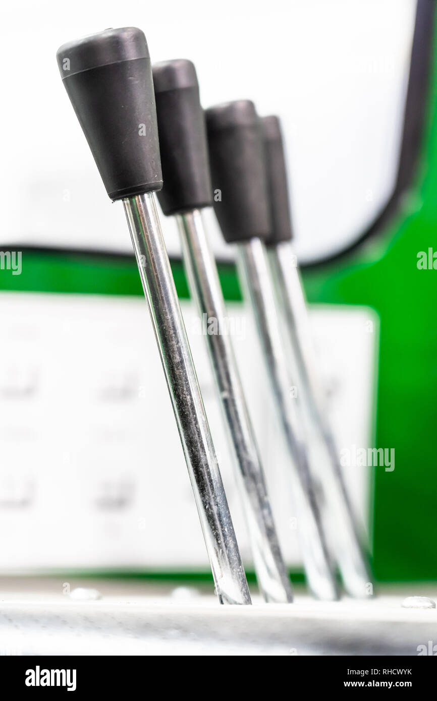 forklift gear stick and controls closeup in factory Stock