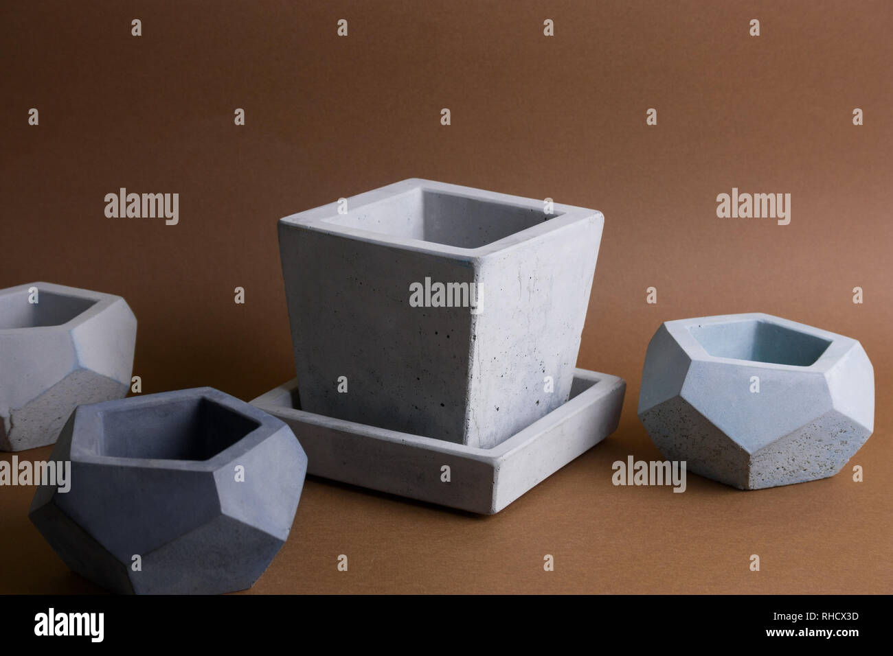 View of set of concrete pots, trendy element of modern interior design Stock ...