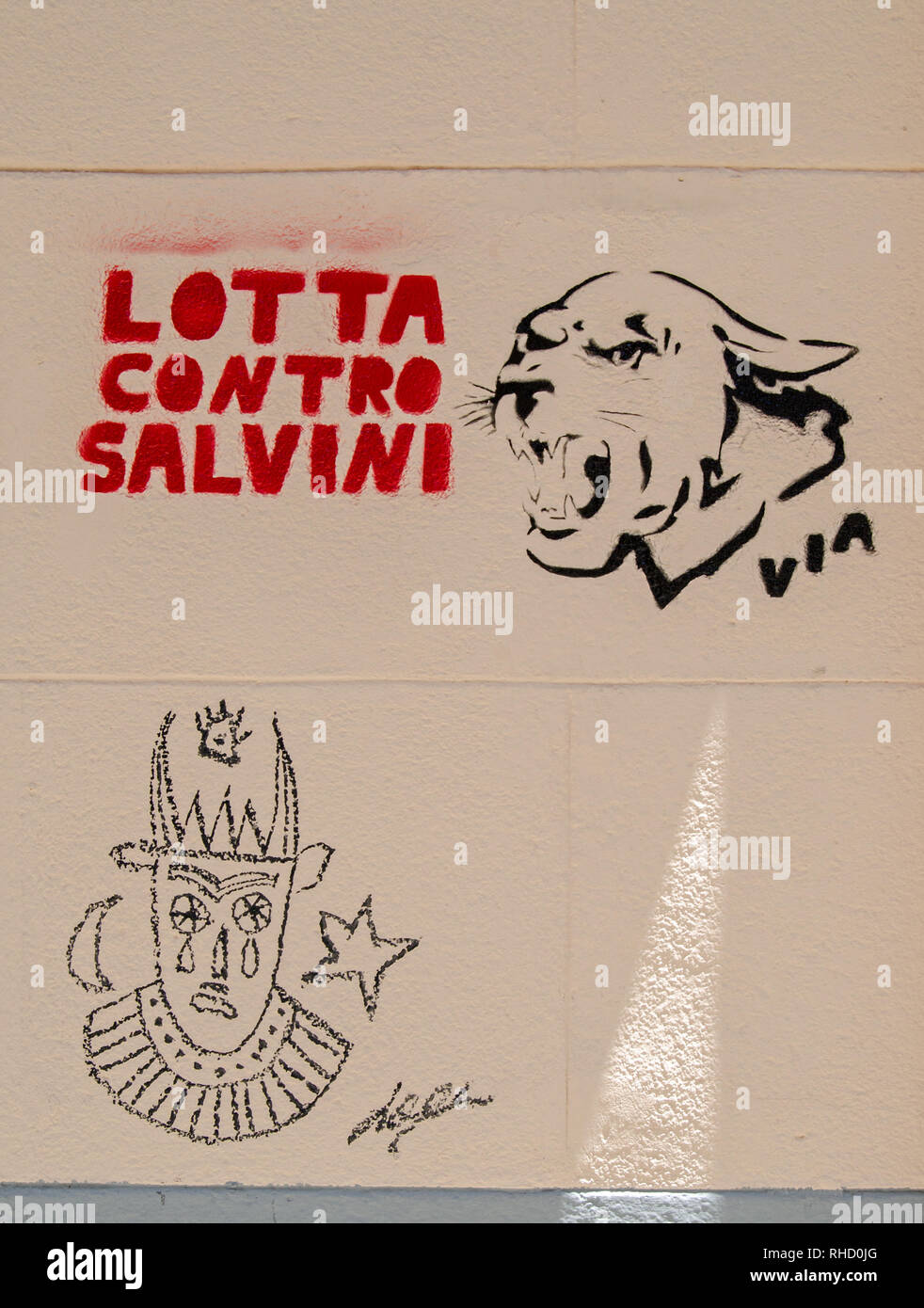 PALERMO, ITALY - JUNE 16, 2018: Graffiti on a wall in Palermo against the Deputy Prime Minister of Italy - Mateo Salvini. The leader of the Northern L Stock Photo