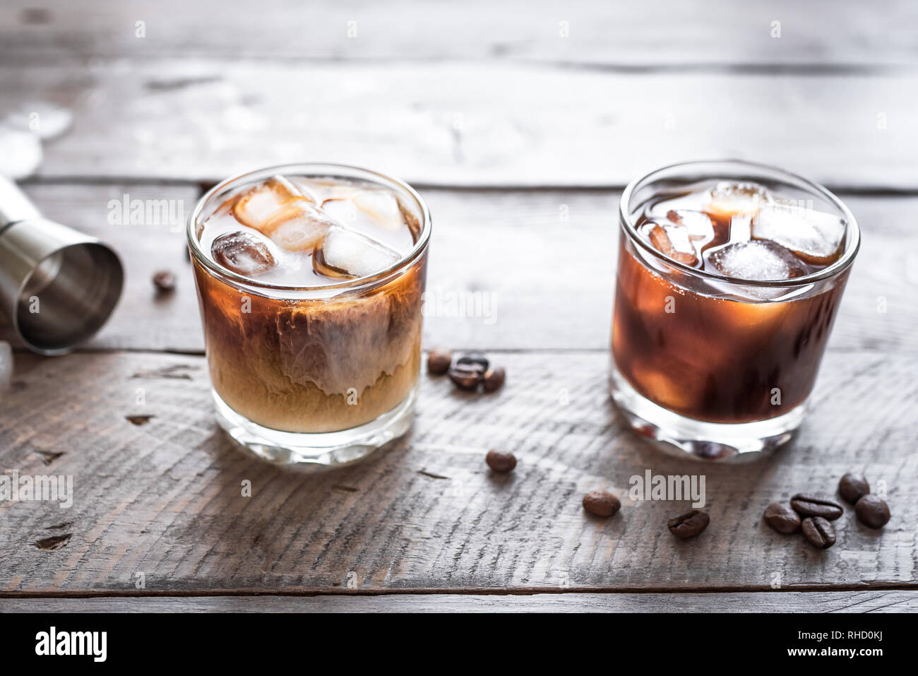 Black and White Russian Cocktails with Vodka, Coffee Liquor and Cream