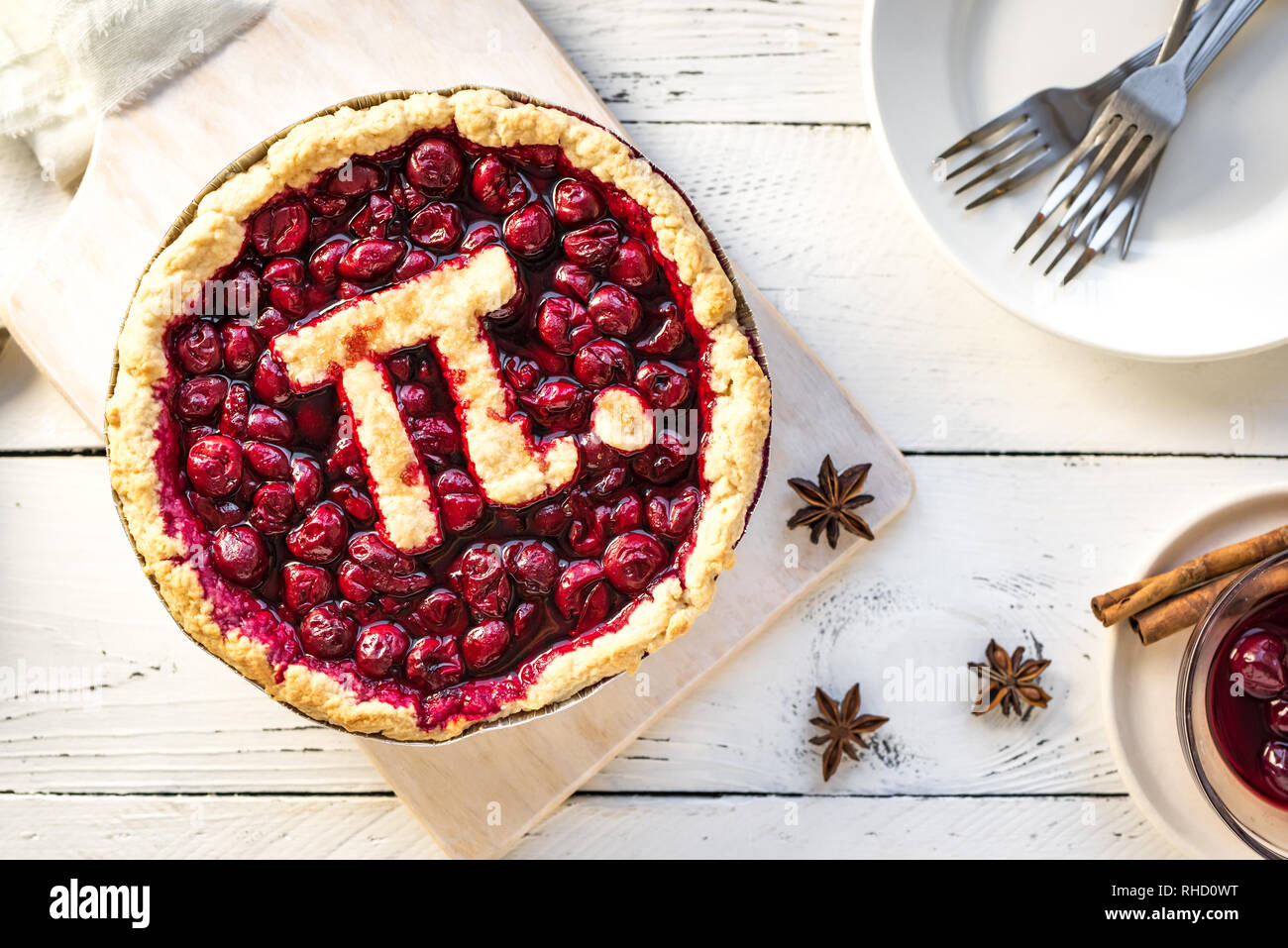 Pi Day Cherry Pie - Homemade Traditional Cherry Pie with Pi sign for March 14th holiday. Stock Photo