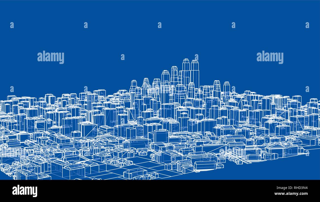 Wire-frame City, Blueprint Style Stock Vector