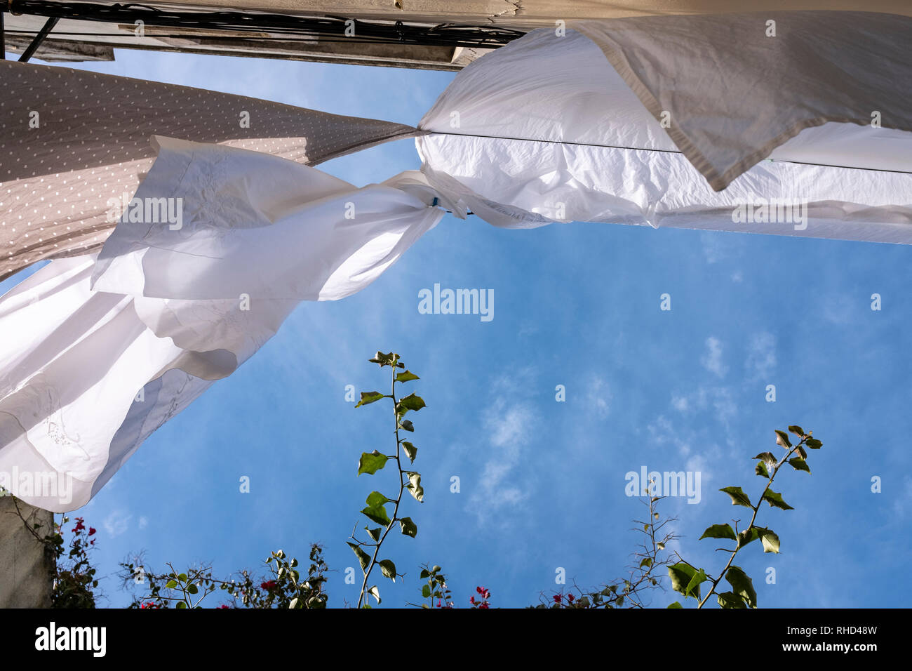 Pure white sheets hanging out to dry on a windy day on a washing line