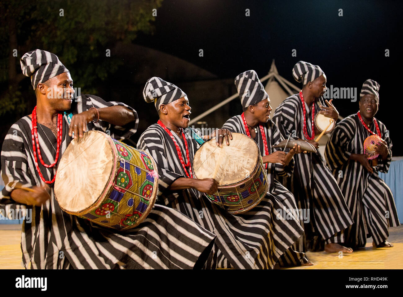 Gorizia, Italy - August 26, 2017: Drumers of Benin traditional dance company in the town street during the International Folklore festival Stock Photo