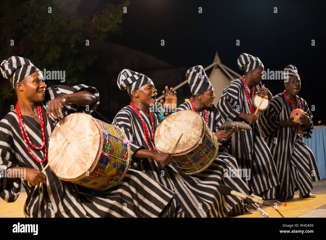 Gorizia, Italy - August 26, 2017: Drumers of Benin traditional dance company in the town street during the International Folklore festival Stock Photo
