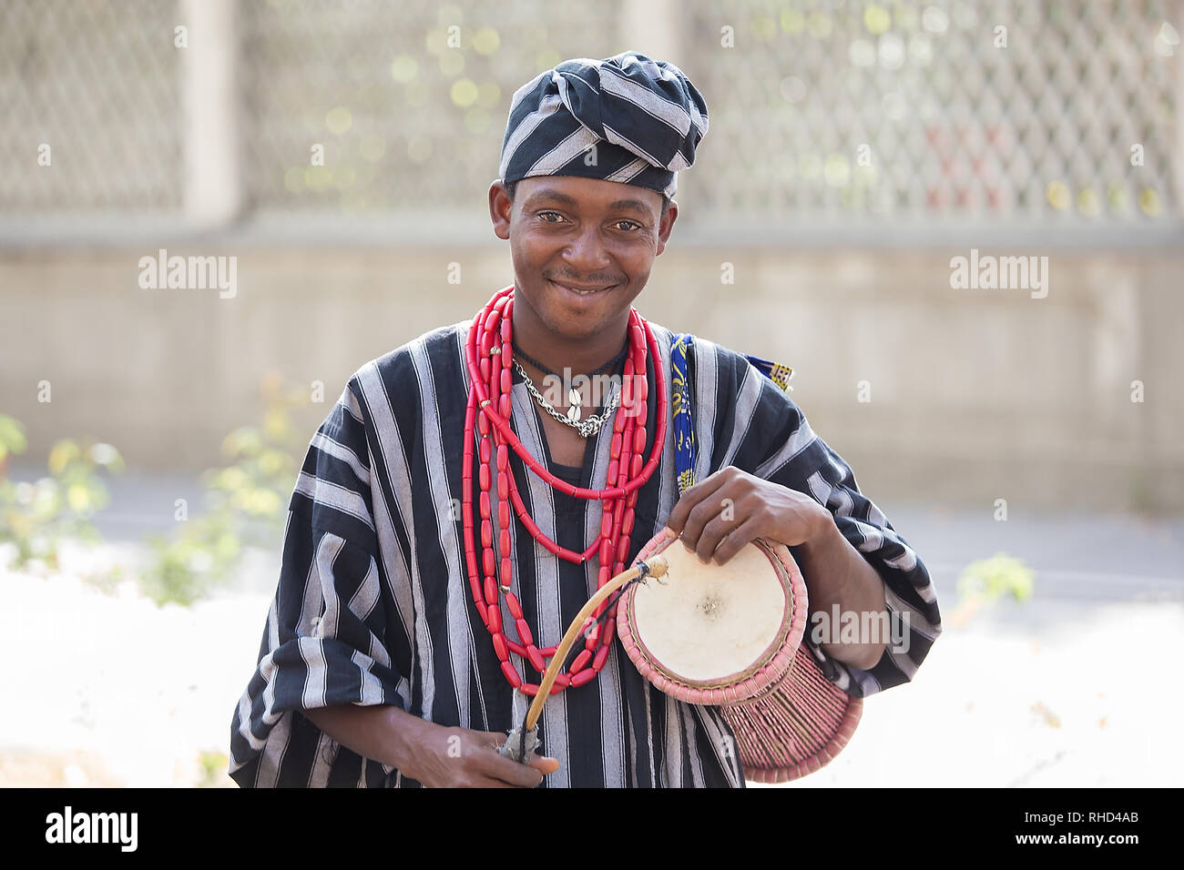 Gorizia, Italy - August 27, 2017: Musician of Benin traditional dance company in the town street during the International Folklore festival Stock Photo