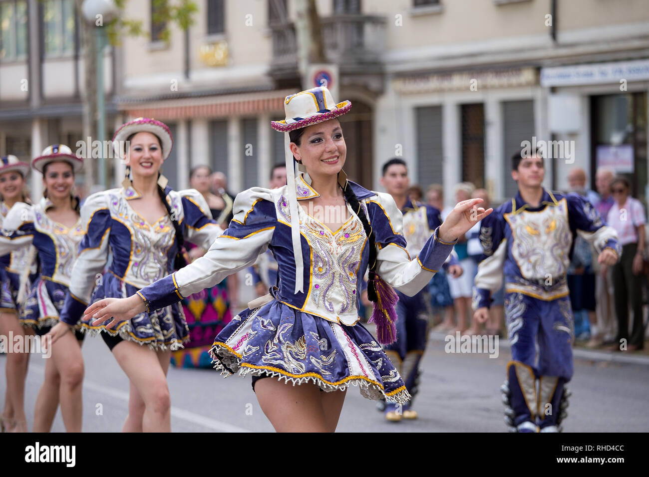Gorizia, Italy - August 27, 2017: Folk dancers from Puerto Montt, Chile performs traditional dance in the International Folklore Festival, Gorizia, IT Stock Photo