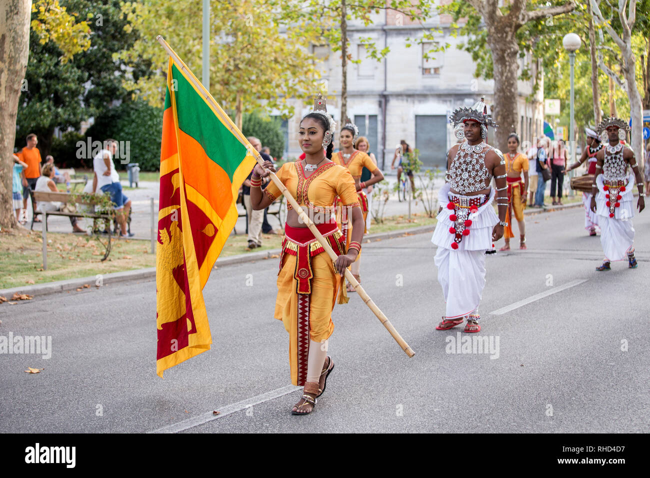 Gorizia, Italy - August 27, 2017: Dancers of Sri Lanka traditional dance company on the town street during the International Folklore Festival Stock Photo