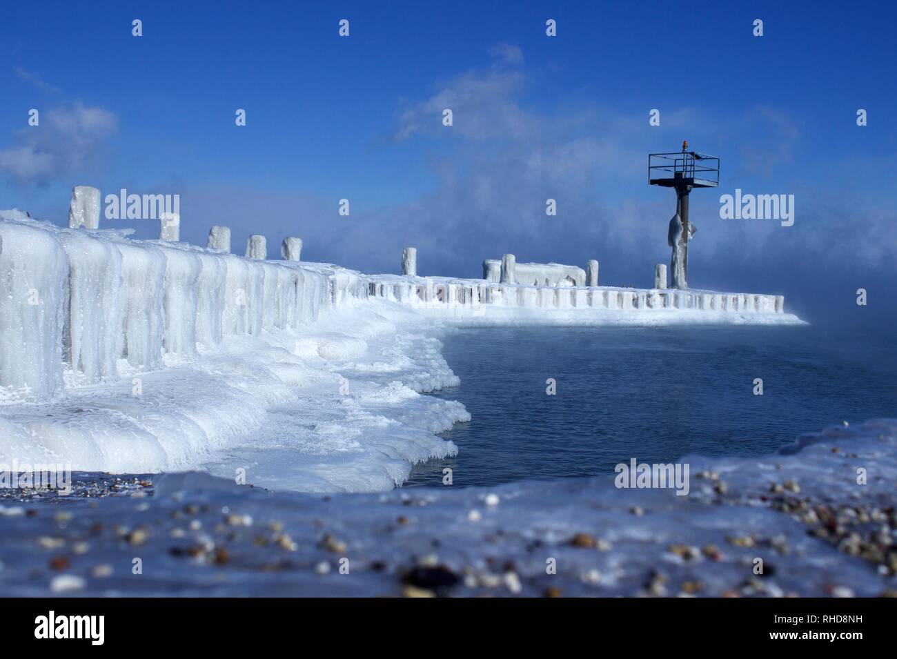 Frozen Pier durning the Polar Vortex Stock Photo