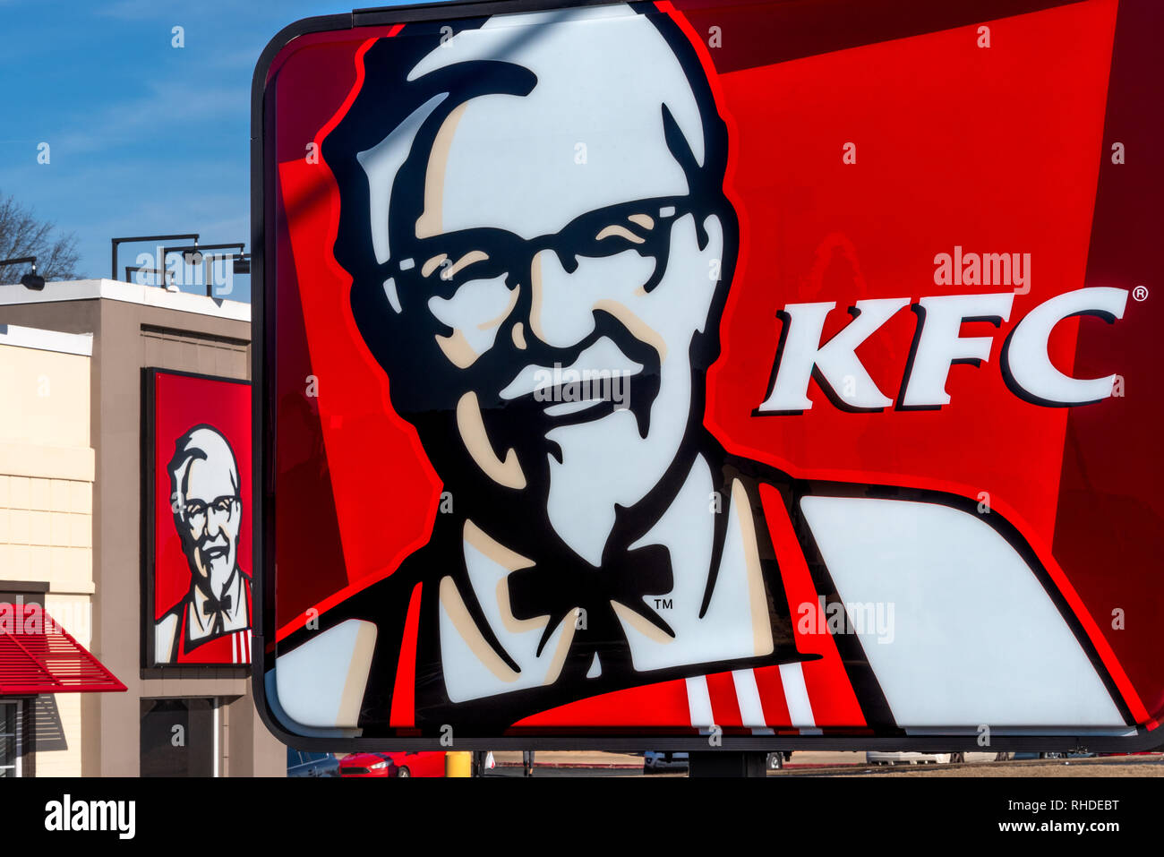 KFC sign featuring Colonel Sanders at KFC restaurant in Lawrenceville, Georgia. (USA) Stock Photo