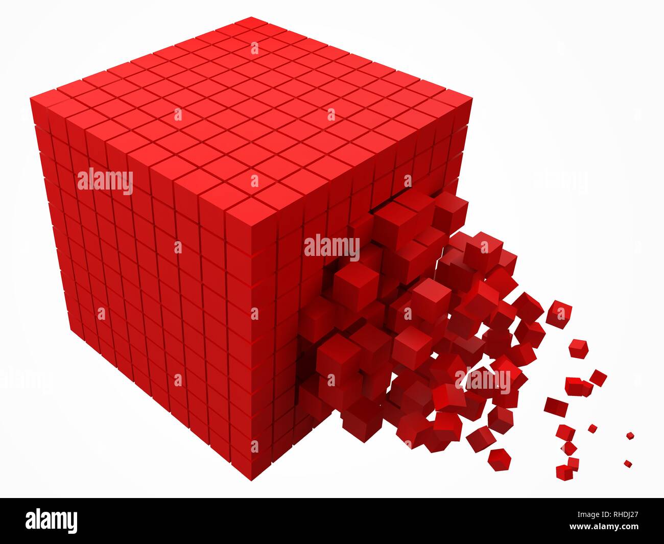 dissolving data block. made with smaller red cubes. 3d pixel style vector illustration. Stock Vector