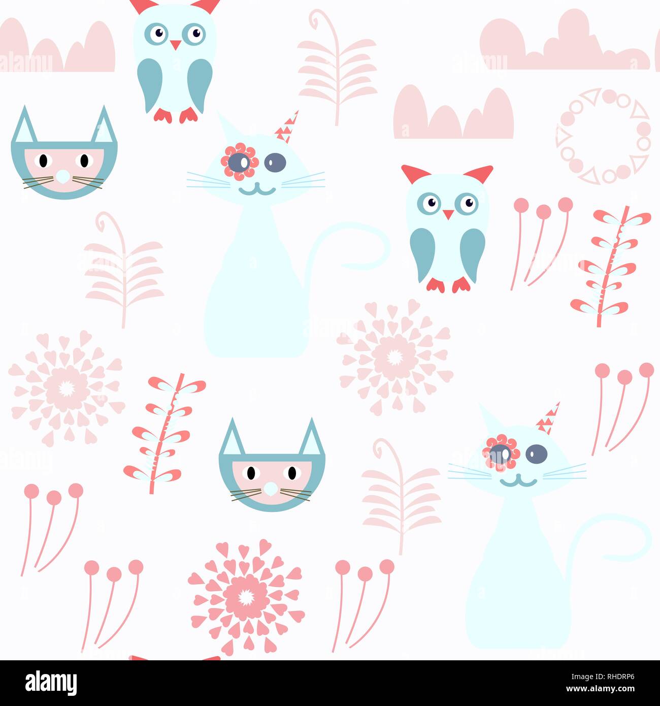 Cats and owls abstract vector seamless pattern. It is located in swatch