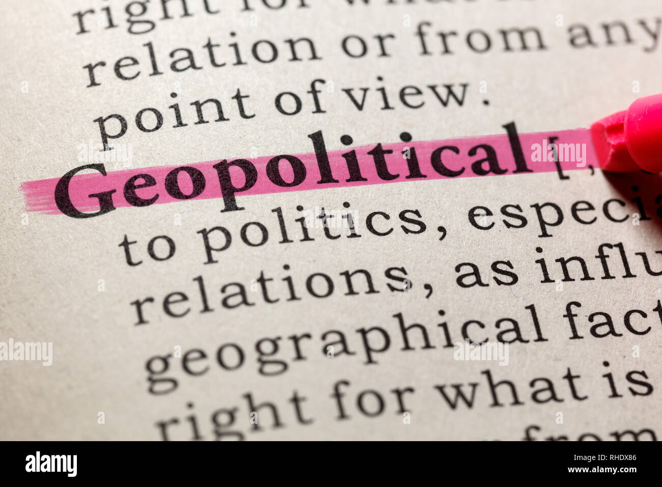 Fake Dictionary, Dictionary definition of the word geopolitical. including key descriptive words. Stock Photo