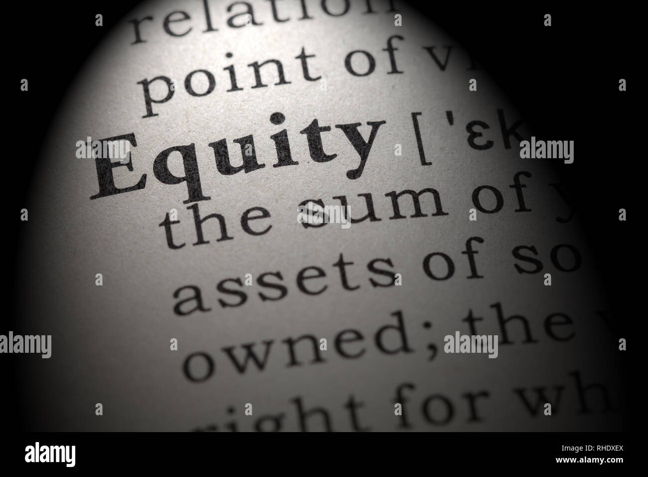 Fake Dictionary, Dictionary definition of the word equity. including key descriptive words. Stock Photo