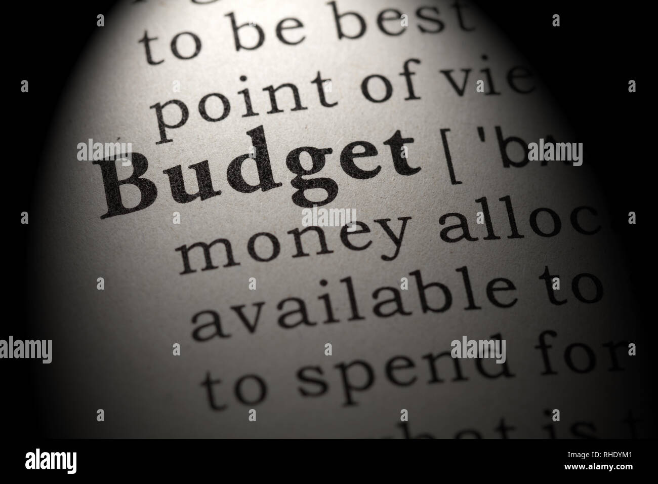 Fake Dictionary, Dictionary definition of the word budget. including key descriptive words. Stock Photo
