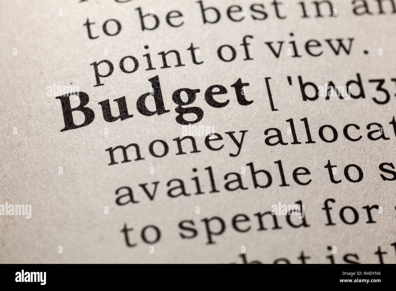 Fake Dictionary, Dictionary definition of the word budget. including key descriptive words. Stock Photo