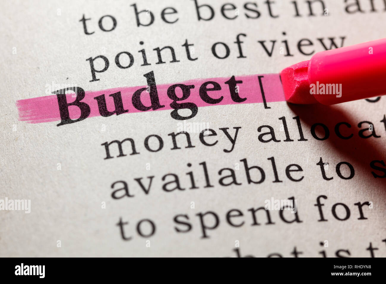 Fake Dictionary, Dictionary definition of the word budget. including key descriptive words. Stock Photo